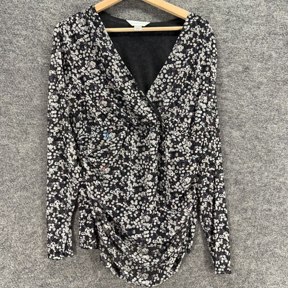 Christopher & Banks Blouse Women XL Black Floral V-Neck Long Sleeve Lined Casual